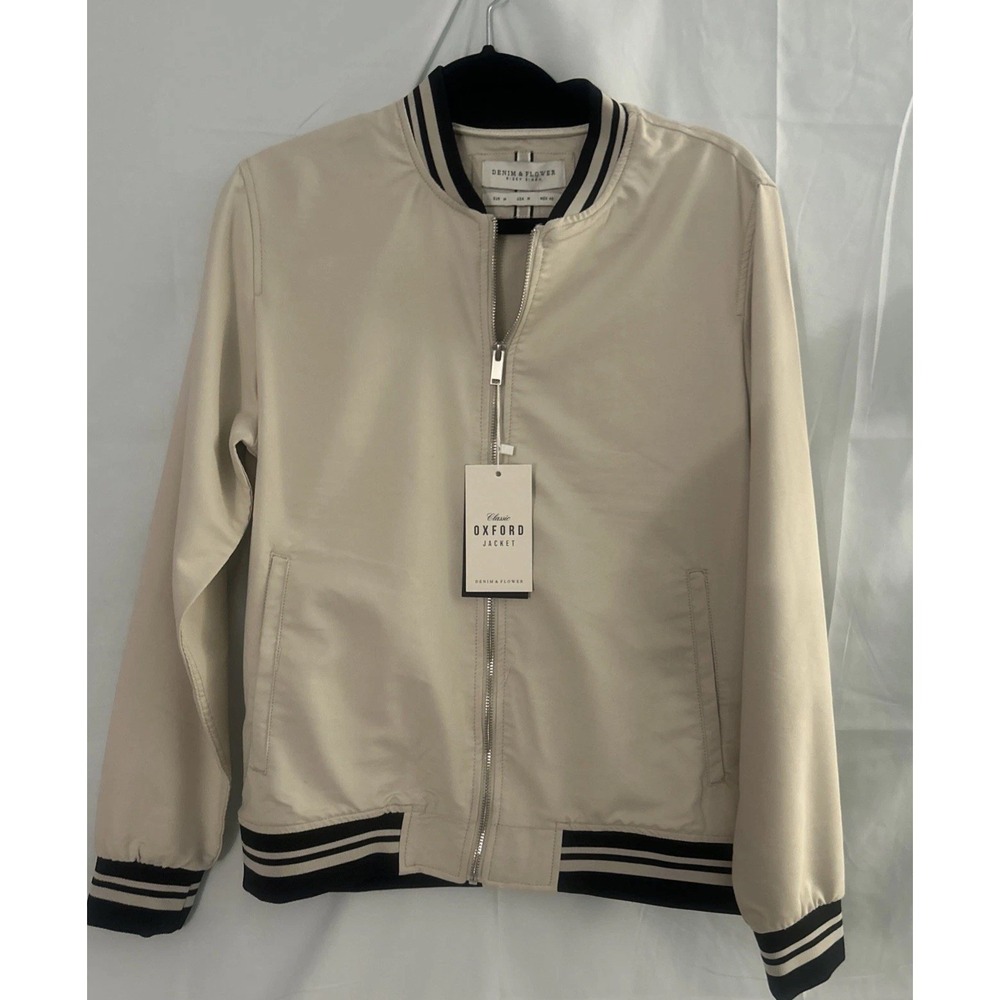 Mens Oxford Jacket Varsity Bomber Size M Zip Classic Ivory Rib Knit Cuff Light